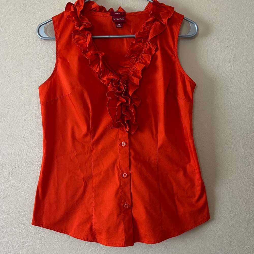 Vintage Merona Bright Red Ruffle V-Neck Sleeveless Blouse